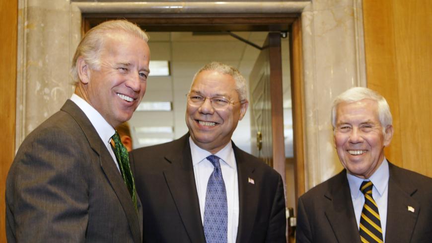 US SECRETARY OF STATE COLIN POWELL WITH SENATORS JOSEPH BIDEN AND
RICHARD LUGAR AT THE SENATE FOREIGN RELATIONS COMMITTEE HEARING.

 
U.S. Secretary of State Colin Powell, (C) shares a laugh with Senator
Joseph R. Biden, Jr. (D-DE), Chairman of the U.S. Senate Foreign
Relations Committee, (L) and Senator Richard Lugar (R-IN) before
testifying at a hearing on the Moscow Treaty and strategic offensive
reductions on Capitol Hill, July 9, 2002. The committee is reviewing
details of the Moscow Treaty. REUTERS/Hy