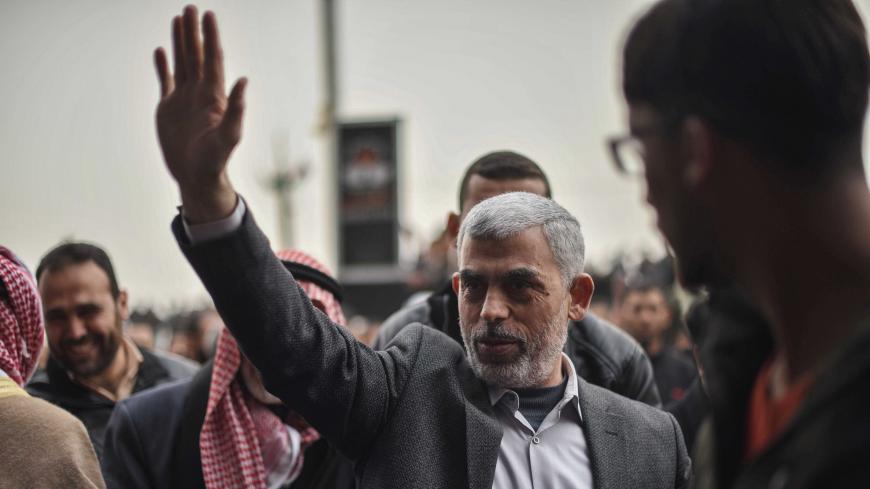 KHAN YUNIS, GAZA - MARCH 30: Leader of Hamas in the Gaza Strip Yahya Sinwar greets Palestinians during a protest within the "Great March of Return" and "Palestinian Land Day" demonstrations at Israel-Gaza border in Khan Yunis, Gaza on March 30, 2019. (Photo by Abed Zagout/Anadolu Agency/Getty Images)