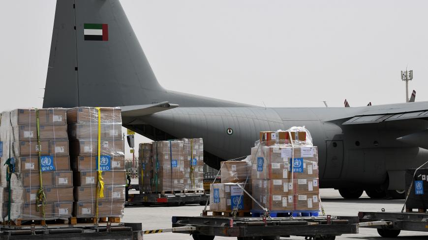 Tonnes of medical equipment and coronavirus testing kits provided bt the World Health Organisation are pictured at the al-Maktum International airport in Dubai on March 2, 2020 as it is prepared to be delivered to Iran with a United Arab Emirates military transport plane. (Photo by KARIM SAHIB / AFP) (Photo by KARIM SAHIB/AFP via Getty Images)