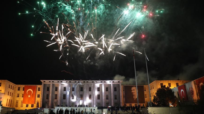 Fireworks are seen over Turkish Grand National Assembly building as part of the National Sovereignty and Children's Day, 100th anniversary of foundation of Turkish parliament, on April 23, 2020 in Ankara,Turkey, during the national lockdown aimed at curbing the spread of the COVID-19 disease, caused by the novel coronavirus. (Photo by Adem ALTAN / AFP) (Photo by ADEM ALTAN/AFP via Getty Images)