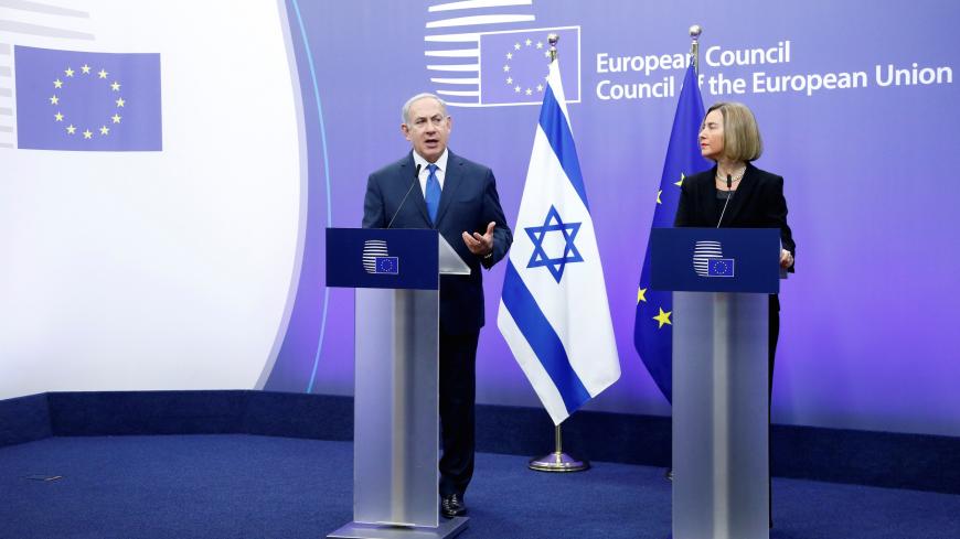 Israel's Prime Minister Benjamin Netanyahu and European Union foreign policy chief Federica Mogherini brief the media at the European Council in Brussels, Belgium December 11, 2017.  REUTERS/Francois Lenoir - RC122EB9C3C0