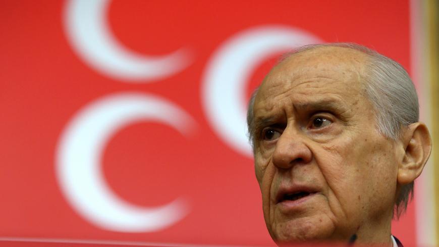 ANKARA, TURKEY - MARCH 10: Turkey's Nationalist Movement Party's (MHP) Leader, Devlet Bahceli speaks during his party's group meeting at the Grand National Assembly of Turkey, in Ankara, Turkey on March 10, 2020. (Photo by Rasit Aydogan/Anadolu Agency via Getty Images)
