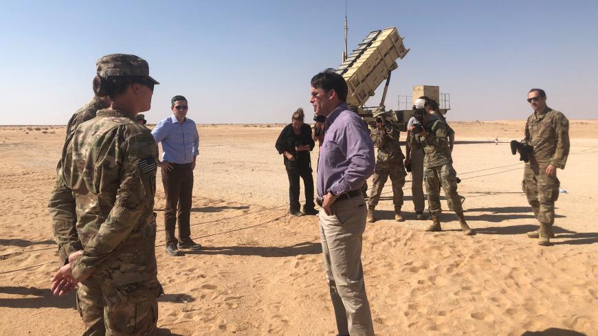 U.S. Defense Secretary Mark Esper speaks with U.S. troops in front of a Patriot missile battery at Prince Sultan Air Base in Saudi Arabia October 22, 2019. REUTERS/Idrees Ali - RC1642C0F3F0