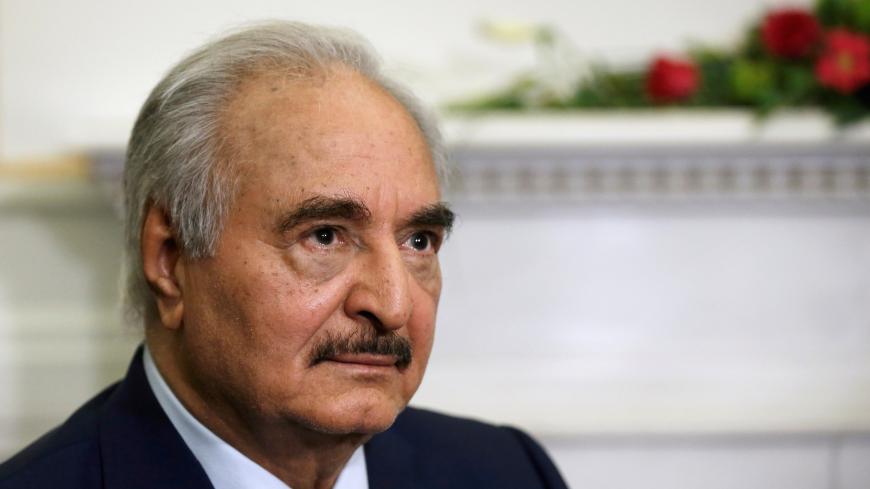 Libyan commander Khalifa Haftar meets Greek Foreign Minister Nikos Dendias (not pictured) at the Foreign Ministry in Athens, Greece, January 17, 2020. REUTERS/Costas Baltas - RC2LHE9FUBJZ