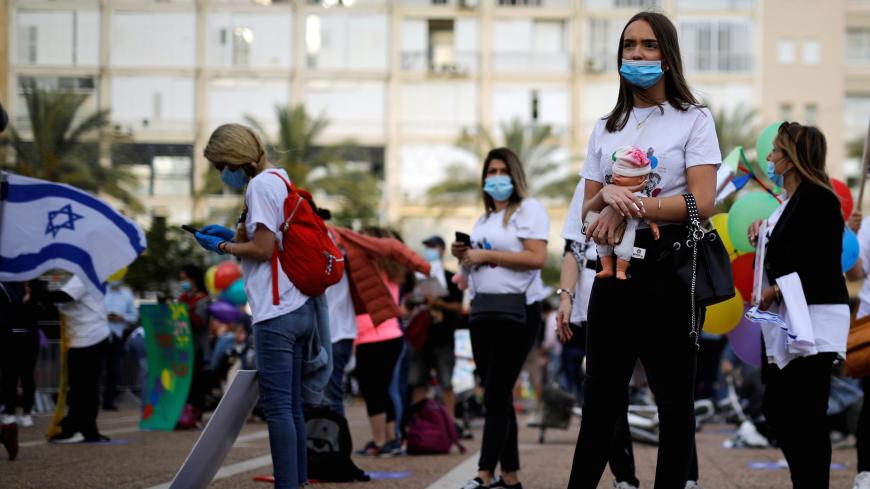 Kindergarten teachers and others wear face masks as they protest against the government plan to reopen kindergartens and schools for young children, as the spread of the coronavirus disease (COVID-19) continues, at Rabin square, Tel Aviv Israel April 30, 2020 REUTERS/ Amir Cohen - RC25FG9P1LR4
