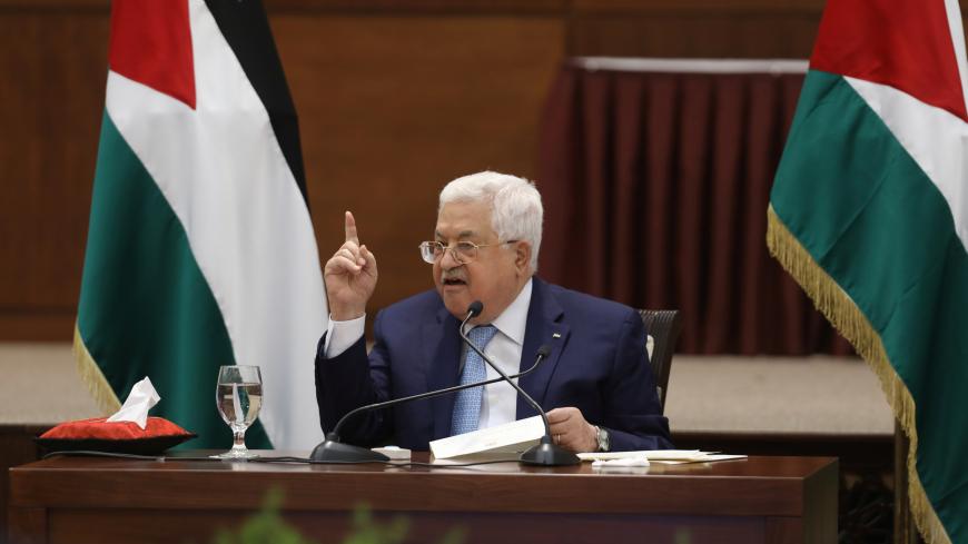 Palestinian President Mahmoud Abbas speaks during a leadership meeting in Ramallah, in the Israeli-occupied West Bank May 19, 2020. Alaa Badarneh/Pool via REUTERS - RC2WRG9N14TF