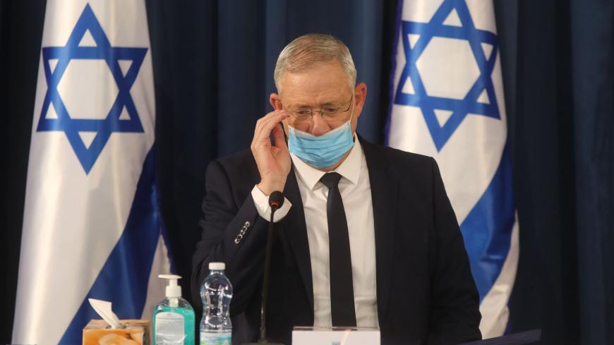 Israeli alternate Prime Minister and Defence Minister Benny Gantz attends the weekly cabinet meeting in Jerusalem while wearing a protective mask due to the COVID-19 pandemic, on June 7, 2020. - Netanyahu urged world powers to reimpose tough sanctions against Iran, vowing to curb Tehran's regional "aggression" hours after another deadly strike on pro-Iranian fighters in Syria. (Photo by Menahem KAHANA / AFP) (Photo by MENAHEM KAHANA/AFP via Getty Images)
