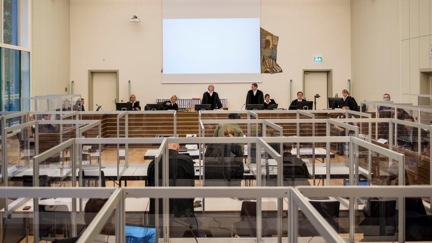General view of the courtroom during the trial against two Syrian alleged former intelligence officers accused for crimes against humanity, in the first trial of its kind to emerge from the Syrian conflict, in Koblenz, Germany June 4, 2020. Thomas Lohnes/Pool via REUTERS  ATTENTION EDITORS - PIXELLATIONS FROM SOURCE - RC2H2H9DIBYL