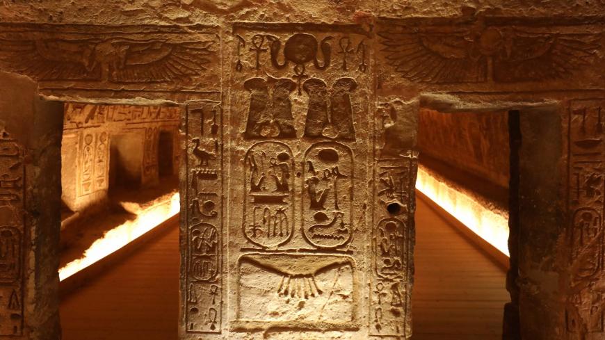 A picture taken on January 27, 2019, shows hieroglyphs and statues at the Great Temple of Abu Simbel, south of Aswan in upper Egypt. (Photo by Ludovic MARIN / AFP)        (Photo credit should read LUDOVIC MARIN/AFP via Getty Images)