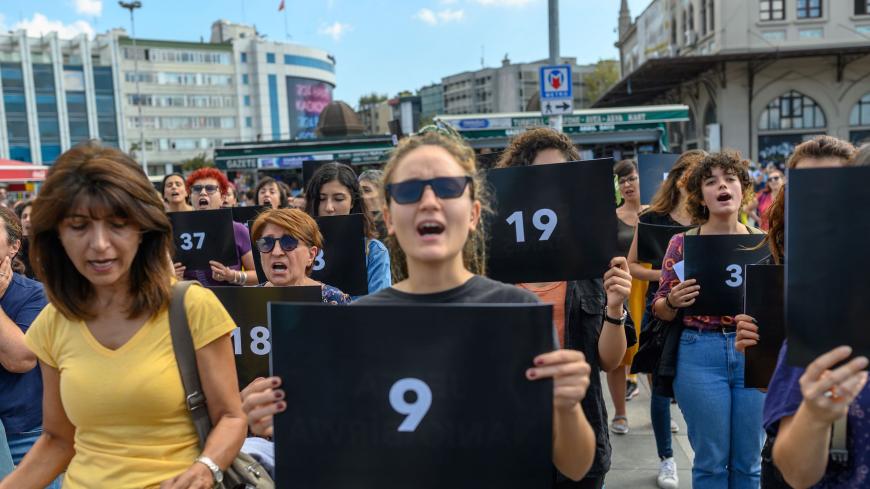 Women hold signs with different numbers symbolizing the women murders during a protest against gender violence in Istanbul, at Kadikoy on September 28, 2019. (Photo by BULENT KILIC / AFP)        (Photo credit should read BULENT KILIC/AFP via Getty Images)