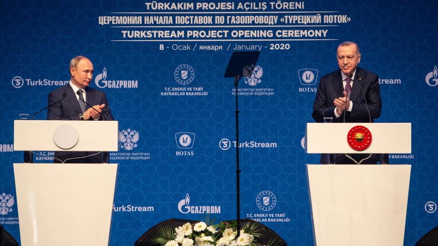 ISTANBUL, TURKEY - JANUARY 08: Russian President Vladimir Putin (L) and Turkish President Recep Tayyip Erdogan (R) talk onstage at the opening ceremony of the Turkstream Gas Pipeline Project on January 08, 2020 in Istanbul, Turkey. The TurkStream project comprises two underwater gas lines, each with an annual capacity of 15.75 billion cubic meters. Gas will initially flow to Turkey, while a combination of existing and new pipelines will subsequently take supplies via Bulgaria to Serbia and then on to Hungar