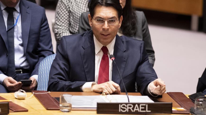 Israeli ambassador to the United Nations Danny Danon speaks to the UN Security Council at the United Nations headquarters on February 11, 2020 in New York. - Palestinian president Mahmud Abbas on Tuesday told the UN Security Council that the world should reject President Donald Trump's Middle East plan, which he said would limit Palestinian sovereignty in a "Swiss cheese" deal. "We reject the Israeli-American plan," which "throws into question the legitimate rights of the Palestinians," Abbas said, brandish