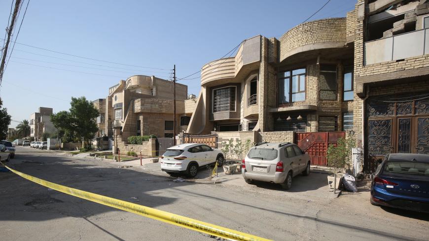 A general view shows the location where Iraqi jihadism expert Hisham al-Hashemi was shot dead yesterday outside his house in the Iraqi capital Baghdads Zayouna district, on July 7, 2020. - Hashemi was an authoritative voice on Sunni jihadist factions including the Islamic State group, but was also frequently consulted by media and foreign governments on domestic Iraqi politics and Shiite armed groups. He had warm ties with top decision-makers, including President Barham Saleh, but was also trusted by rival 