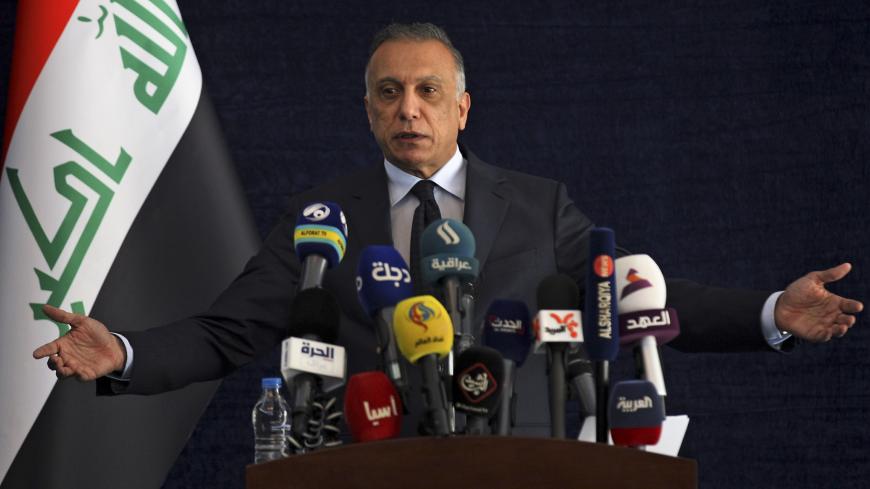 Iraqi Prime Minister Mustafa al-Kadhemi speaks during a press conference in Basra on July 15, 2020, during his first visit to the southern Iraqi province. (Photo by AHMAD AL-RUBAYE / POOL / AFP) (Photo by AHMAD AL-RUBAYE/POOL/AFP via Getty Images)