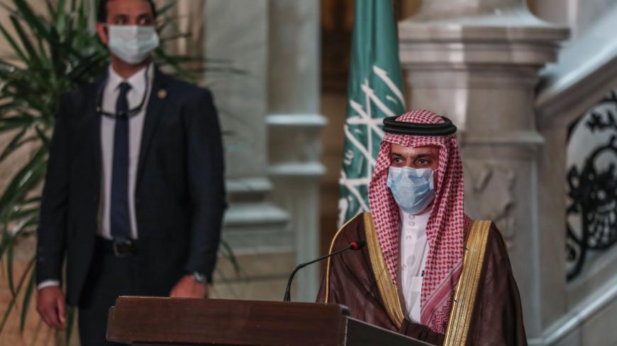 Saudi Foreign Minister Prince Faisal bin Farhan al-Saud attends a joint press conference with his Egyptian counterpart Sameh Shoukry (unseen) after their meeting in the capital Cairo, on July 27, 2020. (Photo by Mohamed el-Shahed / AFP) (Photo by MOHAMED EL-SHAHED/AFP via Getty Images)