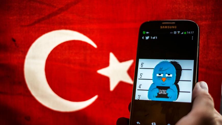 A picture representing a mugshot of the twitter bird is seen on a smart phone with a Turkish flag on March 26, 2014 in Istanbul. A Turkish court on Wednesday overturned the government's controversial Twitter ban imposed after audio recordings spread via the social media site implicated Prime Minister Recep Tayyip Erdogan in a corruption scandal. AFP PHOTO / OZAN KOSE / AFP PHOTO / OZAN KOSE        (Photo credit should read OZAN KOSE/AFP via Getty Images)