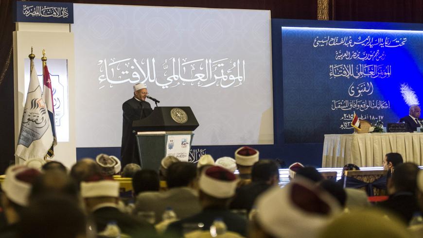 Shawki Ibrahim Abdel-Karim Allam, the Grand Mufti of Egypt, speaks during the opening session of the Fatwa international conference, attended by Arab Islamic clerics, in Cairo on August 17, 2015. AFP PHOTO / KHALED DESOUKI        (Photo credit should read KHALED DESOUKI/AFP via Getty Images)