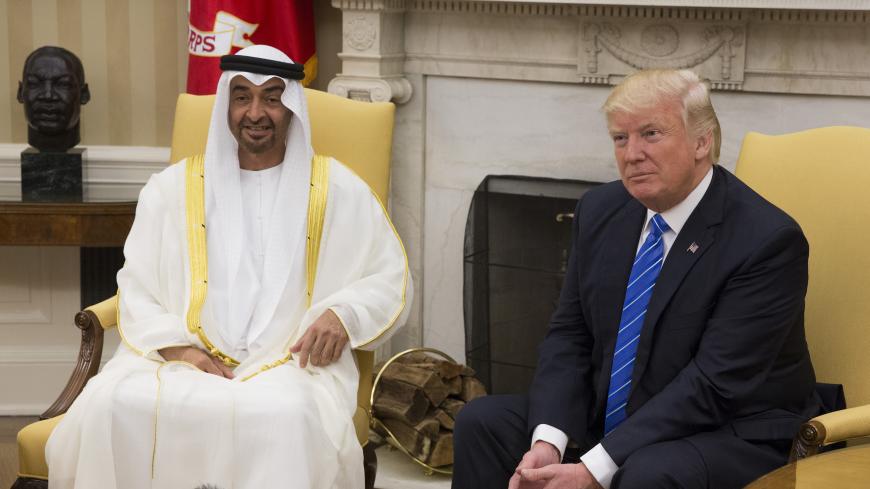 WASHINGTON, DC - MAY 15:  (AFP-OUT) U.S. President Donald Trump welcomes Crown Prince Shaikh Mohammad bin Zayed Al Nahyan of Abu Dhabi in the Oval Office of the White House on May 15, 2017 in Washington, DC. Shaikh Mohammad is on a two-day visit to the U.S. (Photo by Chris Kleponis-Pool/Getty Images)