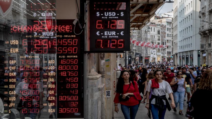 ISTANBUL, TURKEY - AUGUST 29:  People walk past a currency exchange office on August 29, 2018 in Istanbul, Turkey. Turkey's lira extended its slump to a third day to 6.45 against the dollar after the central bank announced it would alter Turkish banks borrowing limits on overnight transactions, the move failed to reassure investors and combined with the decision by ratings agency Moody's to downgrade the credit rating of twenty Turkish financial institutions saw the lira continue to slide.  (Photo by Chris 