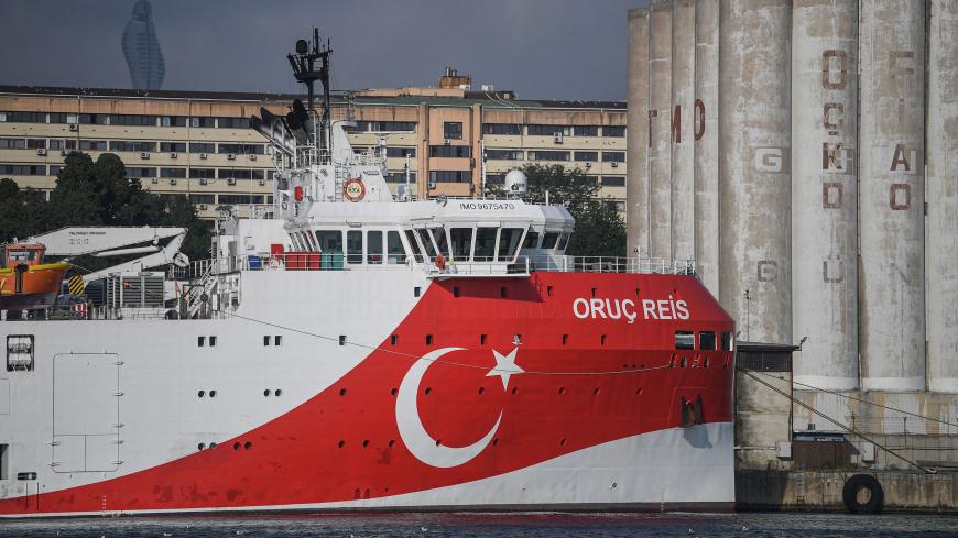 This picture taken on August 23, 2019 in Istanbul shows a view of Turkish General Directorate of Mineral research and Exploration's (MTA) Oruc Reis seismic research vessel docked at Haydarpasa port, which searches for hydrocarbon, oil, natural gas and coal reserves at sea. (Photo by Ozan KOSE / AFP)        (Photo credit should read OZAN KOSE/AFP via Getty Images)