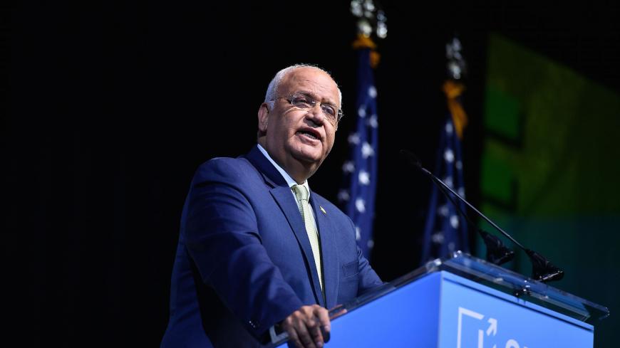 Palestinian Chief Negotiator Saeb Erakat speaks during the 2019 J Street National Conference at the Walter E. Washington Convention Center in Washington, DC on October 28, 2019. (Photo by MANDEL NGAN / AFP) / The erroneous mention[s] appearing in the metadata of this photo by MANDEL NGAN has been modified in AFP systems in the following manner: [Saeb Erakat] instead of [Saab]. Please immediately remove the erroneous mention[s] from all your online services and delete it (them) from your servers. If you have