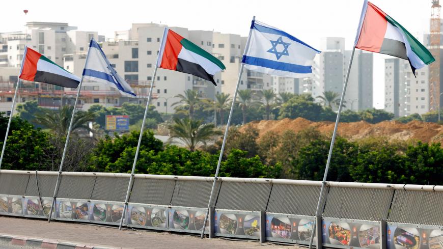 Israeli and United Arab Emirates flags line a road in the Israeli coastal city of Netanya, on August 16, 2020. (Photo by JACK GUEZ / AFP) (Photo by JACK GUEZ/AFP via Getty Images)