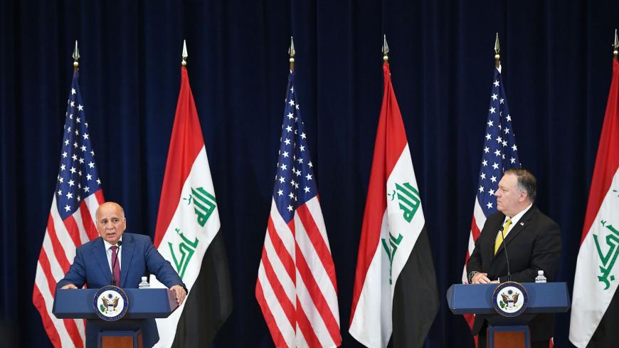 Iraq's Foreign Minister Fuad Hussein (L) speaks during a press conference with US Secretary of State Michael Pompeo at the State Department in Washington, DC on August 19, 2020. (Photo by MANDEL NGAN / AFP) (Photo by MANDEL NGAN/AFP via Getty Images)