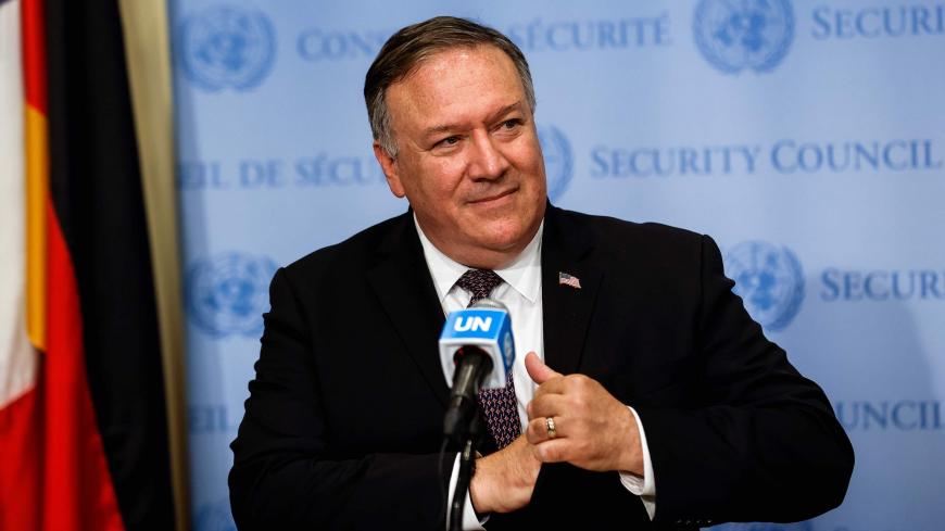 US Secretary of State Mike Pompeo speaks to reporters following a meeting with members of the UN Security Council about Iran's alleged non-compliance with a nuclear deal and calling for the restoration of sanctions against Iran at United Nations headquarters in New York, August 20, 2020. (Photo by MIKE SEGAR / POOL / AFP) (Photo by MIKE SEGAR/POOL/AFP via Getty Images)