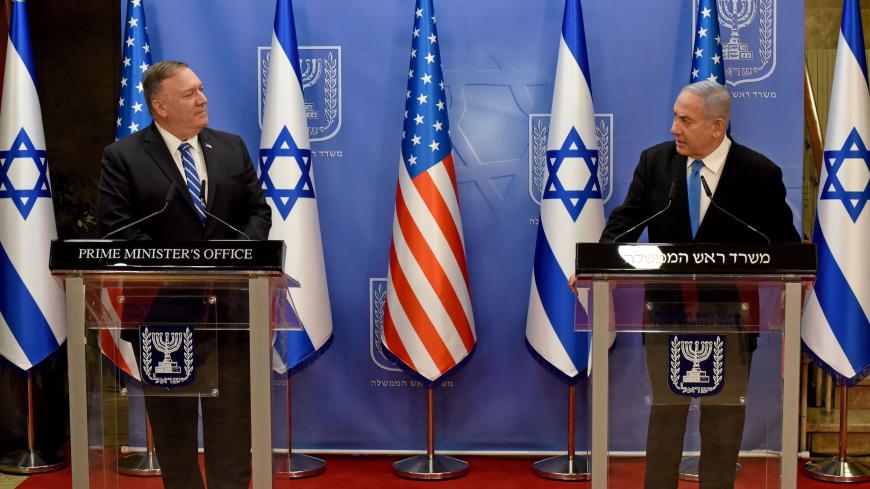 US Secretary of State Mike Pompeo (L) and Israeli Prime Minister Benjamin Netanyahu make a joint statement to the press after meeting in Jerusalem, on August 24, 2020. - Pompeo arrived in Israel kicking off a five-day visit to the Middle East which will take him to Sudan, the United Arab Emirates, and Bahrain, focusing on Israel's normalising of ties with the UAE and pushing other Arab states to follow suit. (Photo by DEBBIE HILL / various sources / AFP) (Photo by DEBBIE HILL/AFP via Getty Images)