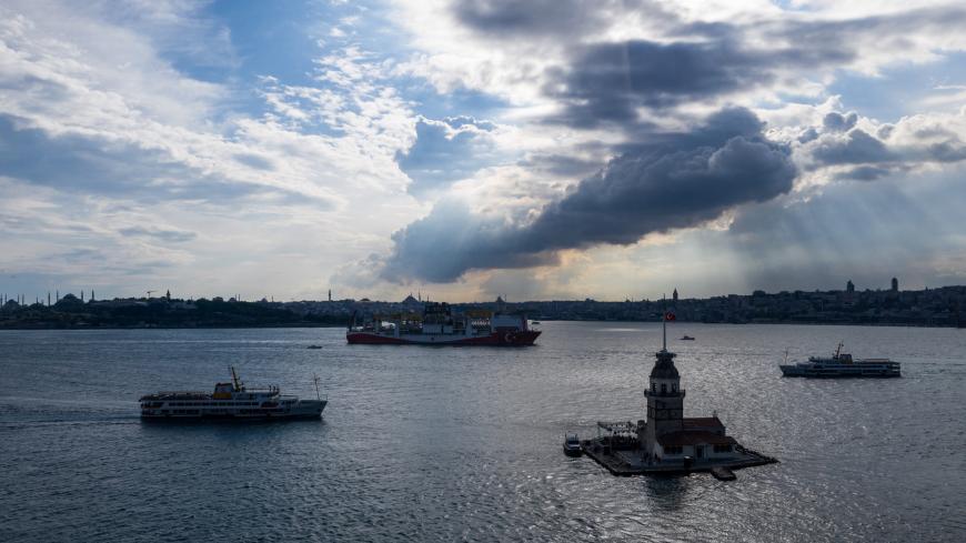 ISTANBUL, TURKEY - MAY 29: In this aerial photo taken with a drone, Turkish drilling vessel 'Fatih' sails up the Bosphorus towards the Black Sea on May 29, 2020 in Istanbul, Turkey. (Photo by Burak Kara/Getty Images)