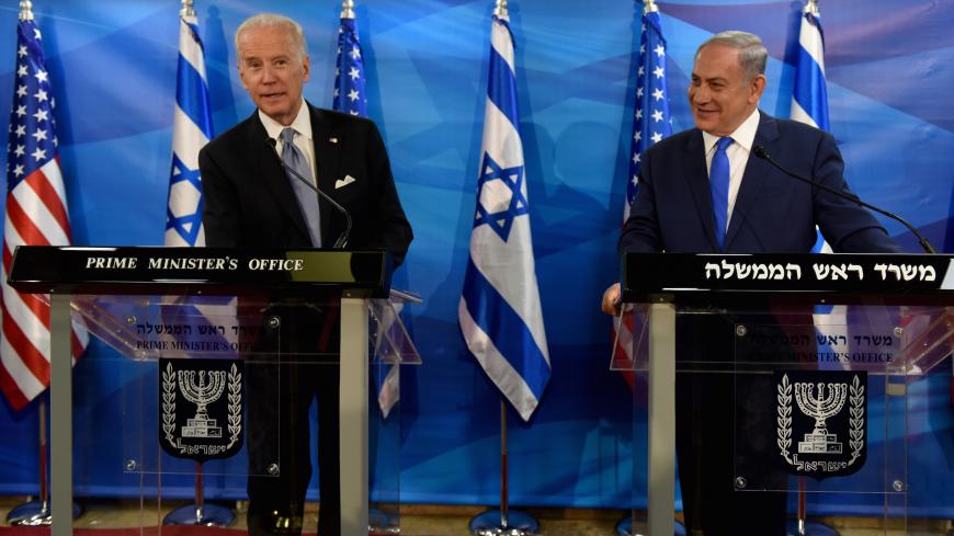 US Vice President Joe Biden (L) and Israeli Prime Minister Benjamin Netanyahu give joint statements to press in the prime minister's office in Jerusalem on March 9, 2016.  
Biden implicitly criticised Palestinian leaders for not condemning attacks against Israelis, as an upsurge in violence marred his visit.

 / AFP / POOL AND AFP / DEBBIE HILL        (Photo credit should read DEBBIE HILL/AFP via Getty Images)