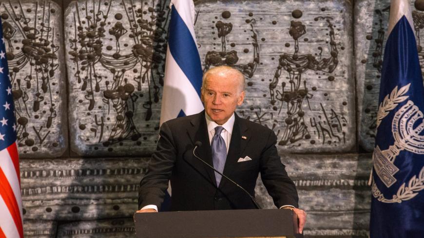 JERUSALEM, ISRAEL - MARCH 09:    U.S Vice President Joe Biden gives a speech at the office meeting with Israeli President Reuven Rivlin on March 9, 2016 in Jerusalem, Israel. U.S. Vice President Joe Biden is on a two day visit to Israel and the Palestinian territories. (Photo by Ilia Yefimovich/Getty Images)