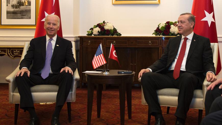 US Vice President Joe Biden (L)attends a meeting with President Recep Tayyip Erdogan of Turkey on the sidelines of the nuclear summit in Washington, DC, on March 31, 2016. / AFP / ANDREW CABALLERO-REYNOLDS        (Photo credit should read ANDREW CABALLERO-REYNOLDS/AFP via Getty Images)
