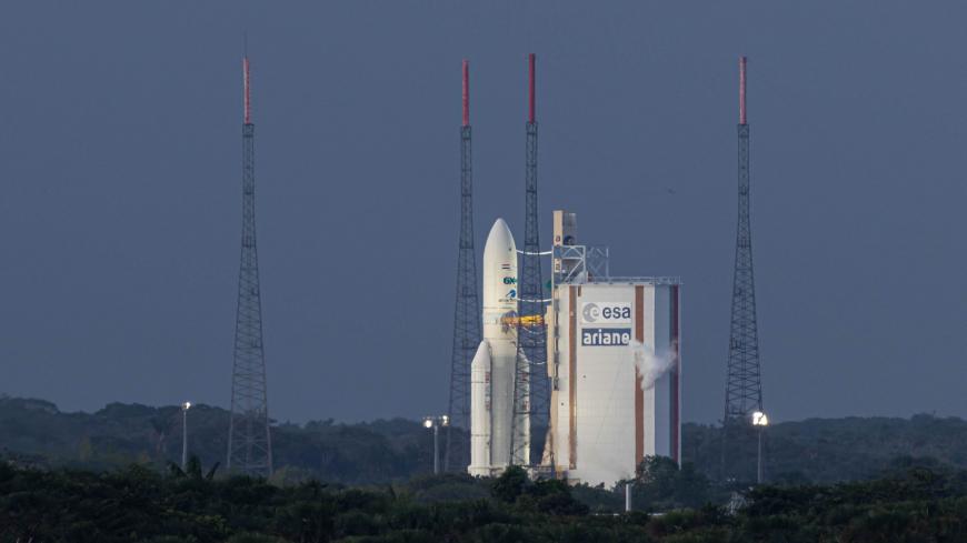 An Ariane V rocket is seen on the launchpad at the European Space Center at Kourou in French Guiana, on the November 26, 2019. - The launcher is carrying 2 satellites, the TIBA-1 communications satellite for the Government of Egypt, built by Airbus and Thales Alenia Space, and the Inmarsat GX5, a mobile communications satellite built by Thales Alenia Space for Inmarsat. (Photo by jody amiet / AFP) (Photo by JODY AMIET/AFP via Getty Images)