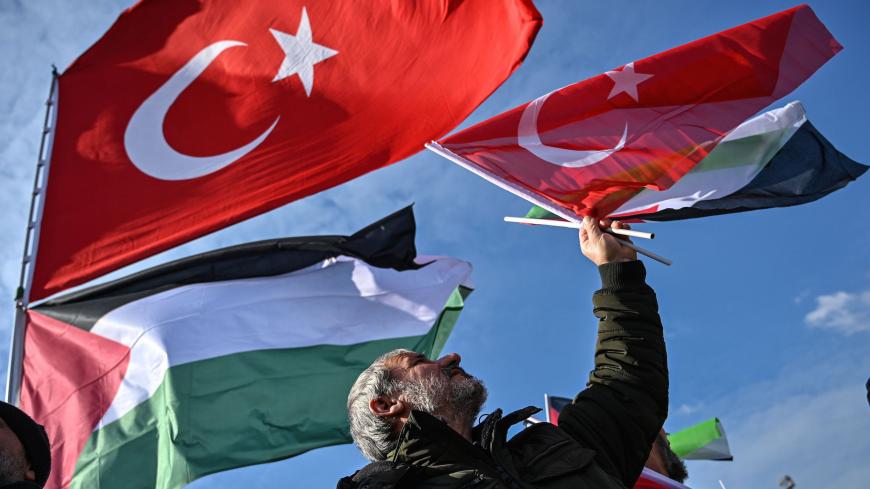 A demonstrator waves a Turkish and Palestinian flags during a rally at Yenikap? Square, in Istanbul, to protest against the US-made peace plan, also known as the Agreement of the Century,on Februay 9, 2020. (Photo by Ozan KOSE / AFP) (Photo by OZAN KOSE/AFP via Getty Images)