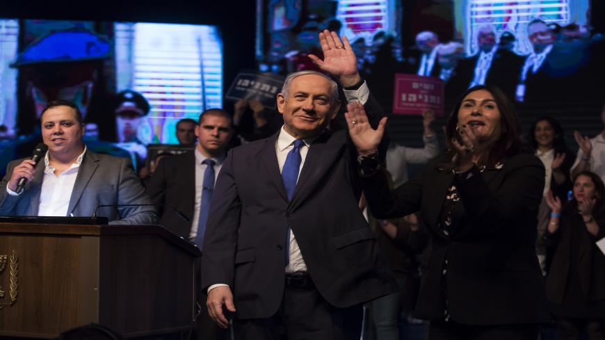 RAMAT GAN, ISRAEL - FEBRUARY 29:  Israeli Prime Minister, Benjamin Netanyahu, greets supporters at Likud Party election rally on February 29, 2020 in Ramat Gan, Israel. In two days Israelis will head to the polls for the third time in less than a year.  (Photo by Amir Levy/Getty Images)