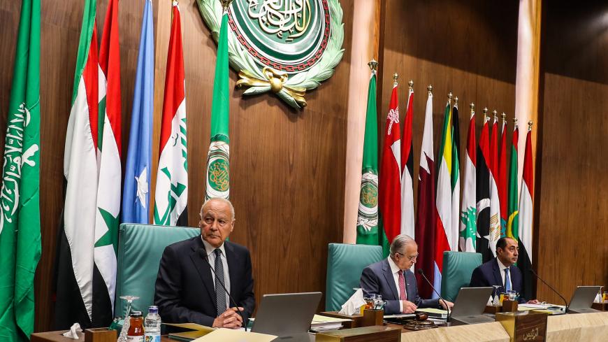 (L to R) Secretary-General of the Arab League Ahmed Aboul Ghait, Iraqi Foreign Minister Mohammed Ali al-Hakim, and Assistant Secretary-General Ambassador Hossam Zaki attend the Arab Foreign Ministers 153rd annual meeting at the Arab League headquarters in the Egyptian capital Cairo on March 4, 2020. (Photo by Mohamed el-Shahed / AFP) (Photo by MOHAMED EL-SHAHED/AFP via Getty Images)
