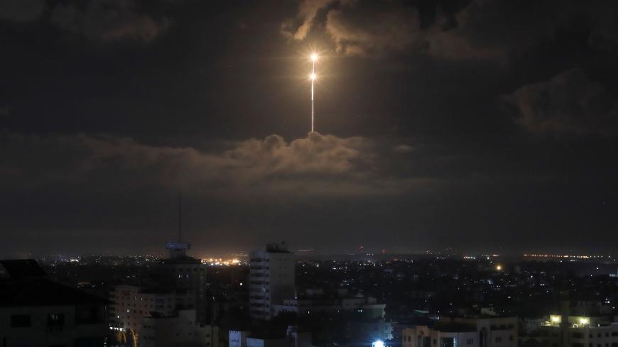 The Iron Dome anti-missile system fires interception missiles in the sky early morning on August 21, 2020 as rockets are launched against Israel. - Israeli planes launched raids against Gaza late on August 20 in response to rocket fire, security sources in the Palestinian enclave said, as mediators sought to broker an end to the latest flare-up. (Photo by MAHMUD HAMS / AFP) (Photo by MAHMUD HAMS/AFP via Getty Images)
