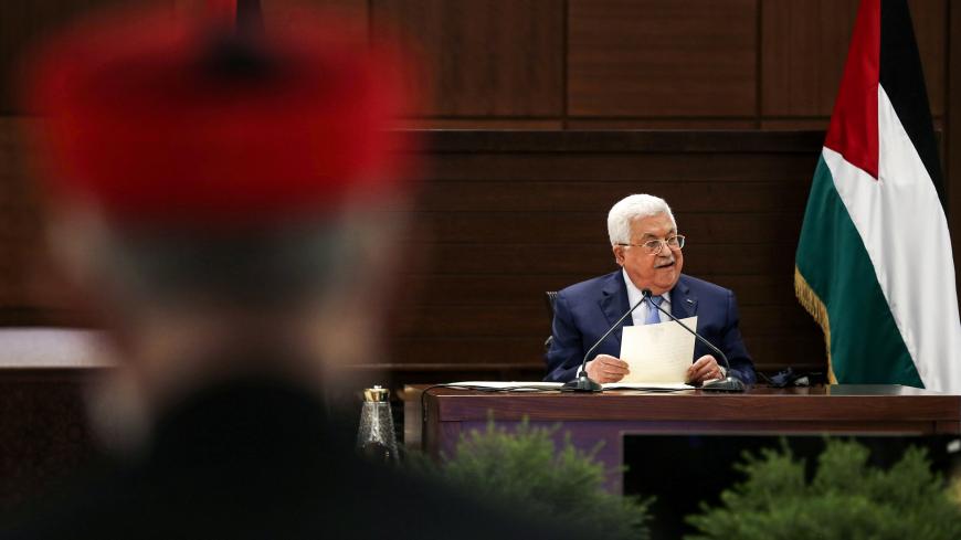 Palestinian president Mahmud Abbas speaks in the West Bank's Ramallah on September 3, 2020, as he meets by video conference with representatives of Palestinian factions gathered at the Palestinian embassy in Beirut in rare talks on how to respond to such accords and to a Middle East peace plan announced by Washington this year. (Photo by Alaa BADARNEH / POOL / AFP) (Photo by ALAA BADARNEH/POOL/AFP via Getty Images)