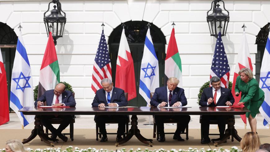 WASHINGTON, DC - SEPTEMBER 15: (L-R) Foreign Affairs Minister of Bahrain Abdullatif bin Rashid Al Zayani, Prime Minister of Israel Benjamin Netanyahu, U.S. President Donald Trump, and Foreign Affairs Minister of the United Arab Emirates Abdullah bin Zayed bin Sultan Al Nahyan participate in the signing ceremony of the Abraham Accords on the South Lawn of the White House September 15, 2020 in Washington, DC. Witnessed by President Trump, Prime Minister Netanyahu signed a peace deal with the UAE and a declara