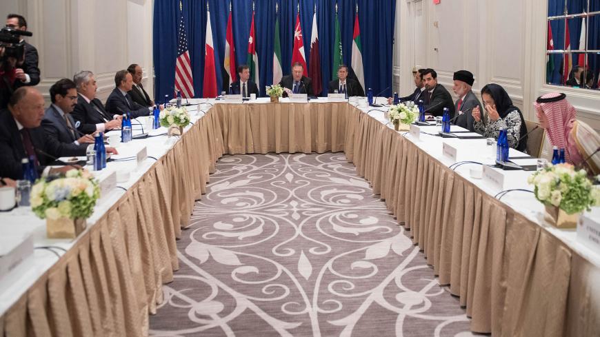 US Secretary of State Mike Pompeo (C) participates in a Gulf Cooperation Council (GCC) meeting in New York on September 28, 2018. (Photo by Jim WATSON / AFP)        (Photo credit should read JIM WATSON/AFP via Getty Images)