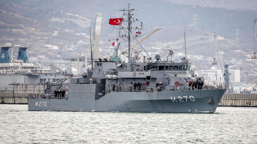 The minesweeper Akcay of the Naval Forces of Turkey enters the harbour of the Russian port of Novorossiysk on March 6, 2019. - Two Turkish warships minesweeper Akcay and corvette Burgazada participate in "The Blue Motherland - 2019" military exercises in the Black sea. (Photo by STR / AFP)        (Photo credit should read STR/AFP via Getty Images)