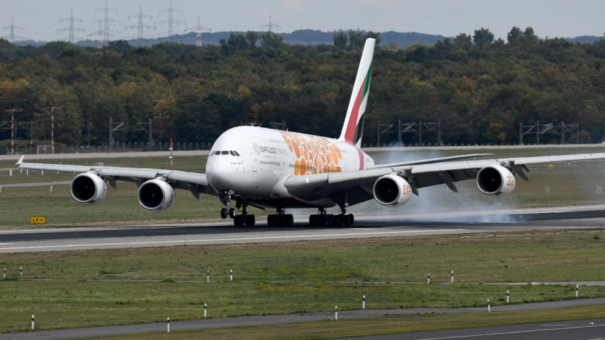 This picture shows an Airbus A380 of the Emirates airline during landing on September 24, 2019 at the airport in Duesseldorf, western Germany. (Photo by Ina FASSBENDER / AFP) (Photo by INA FASSBENDER/AFP via Getty Images)