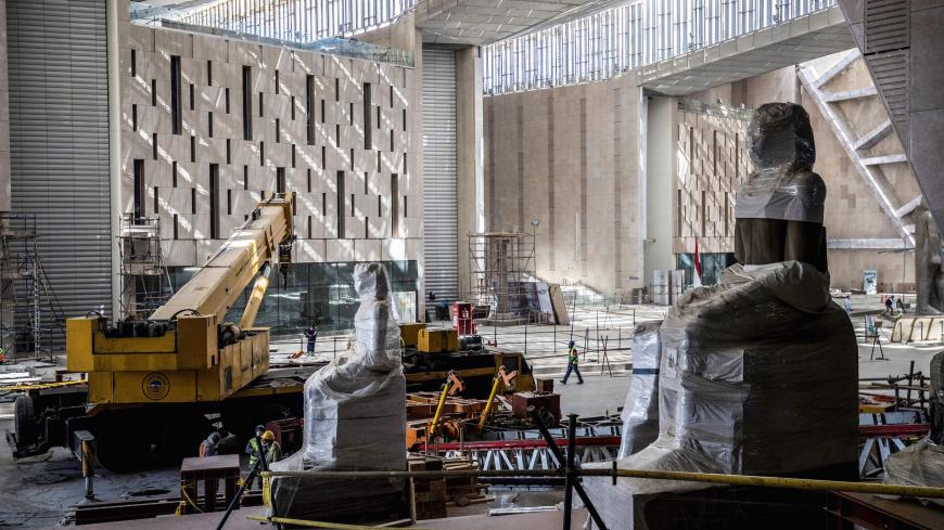 A picture taken on April 13, 2020 shows the construction work at the entrance of the the Grand Egyptian Museum (GEM), which is set to be completed this year, in Giza on the southwestern outskirts of the capital Cairo. (Photo by Khaled DESOUKI / AFP) (Photo by KHALED DESOUKI/AFP via Getty Images)