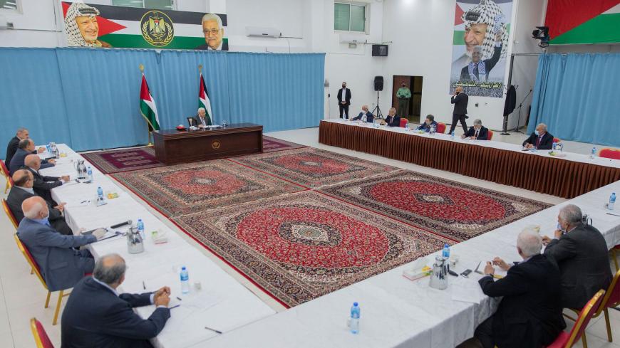 Palestinian President Mahmoud Abbas heads the Palestinian leadership meeting at his headquarters, in the West Bank city of Ramallah, during the COVID-19 pandemic on May 7, 2020. (Photo by Nasser Nasser / POOL / AFP) (Photo by NASSER NASSER/POOL/AFP via Getty Images)