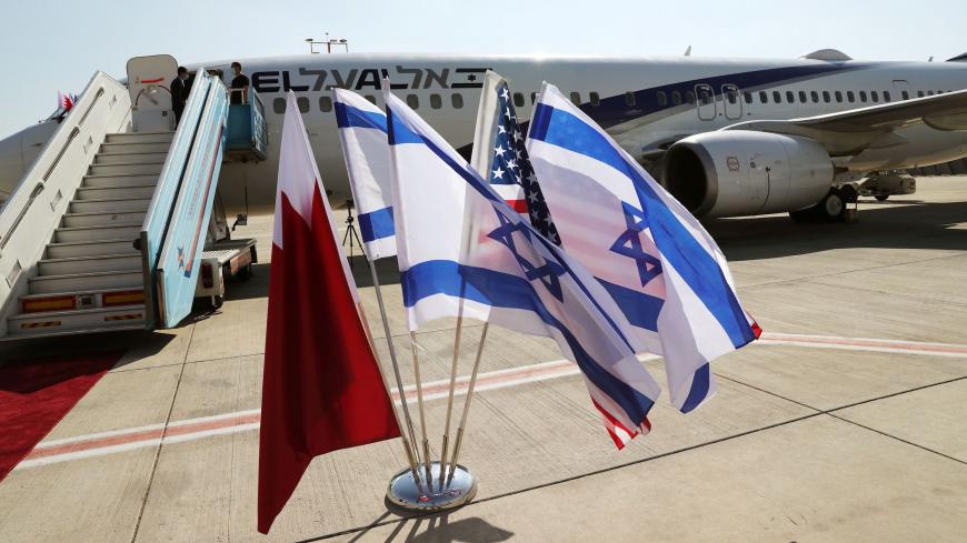 The Bahraini, Israeli and US flags are picture in front of El Al plane ahead of the flight to Bahrain's capital Manama at Israel's Ben Gurion Airport near Tel Aviv on October 18, 2020, after the two states reached a US-brokered normalisation deal last month. - Israel and Bahrain will officially establish diplomatic relations at a ceremony in Manama, an Israeli official said, after the two states reached a US-brokered normalisation deal last month. (Photo by RONEN ZVULUN / POOL / AFP) (Photo by RONEN ZVULUN/