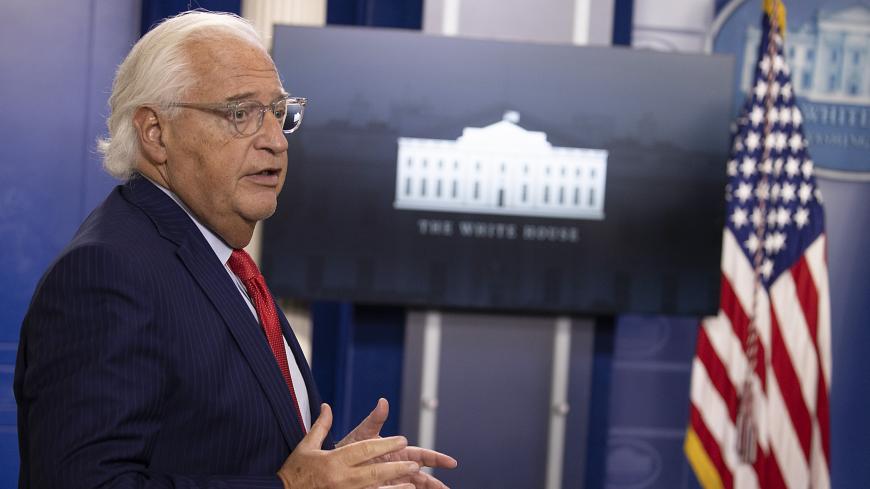 WASHINGTON, DC - AUGUST 13: David Friedman, US Ambassador to Israel speaks during a briefing at the White House August 13, 2020 in Washington, DC. Trump spoke on a range of topics including his announcement earlier in the day of a new peace deal between Israel and the United Arab Emirates. (Photo by Tasos Katopodis/Getty Images)