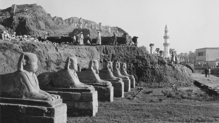 A row of sphinxes at the Ancient Egyptian Luxor Temple complex, during an archaeological  dig on the east bank of the Nile, Egypt, circa 1955. (Photo by Archive Photos/Getty Images)
