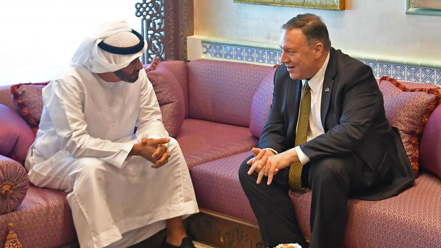 US Secretary of State Mike Pompeo (C) and US special representative on Iran Brian Hook (R) take in a meeting with Abu Dhabi Crown Prince Mohamed bin Zayed al-Nahyan in Abu Dhabi, United Arab Emirates, on September 19, 2019. (Photo by MANDEL NGAN / POOL / AFP)        (Photo credit should read MANDEL NGAN/AFP via Getty Images)
