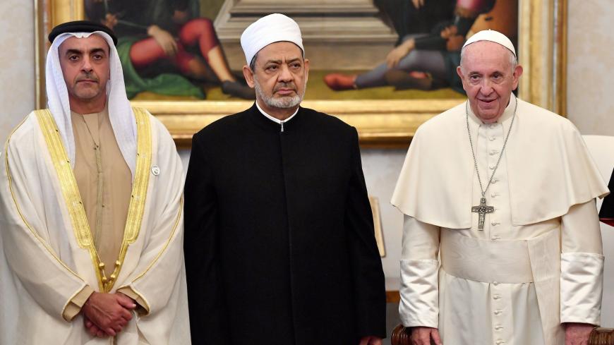 Pope Francis (R) pose with Egypt's Azhar Grand Imam Sheikh Ahmed al-Tayeb (C) and United Arab Emirates's Deputy Prime Minister and Minister of Interior Sheikh Saif Bin Zayed Al Nahyan (R) during a private audience on November  15, 2019 at the Vatican. (Photo by Alberto PIZZOLI / AFP) (Photo by ALBERTO PIZZOLI/AFP via Getty Images)